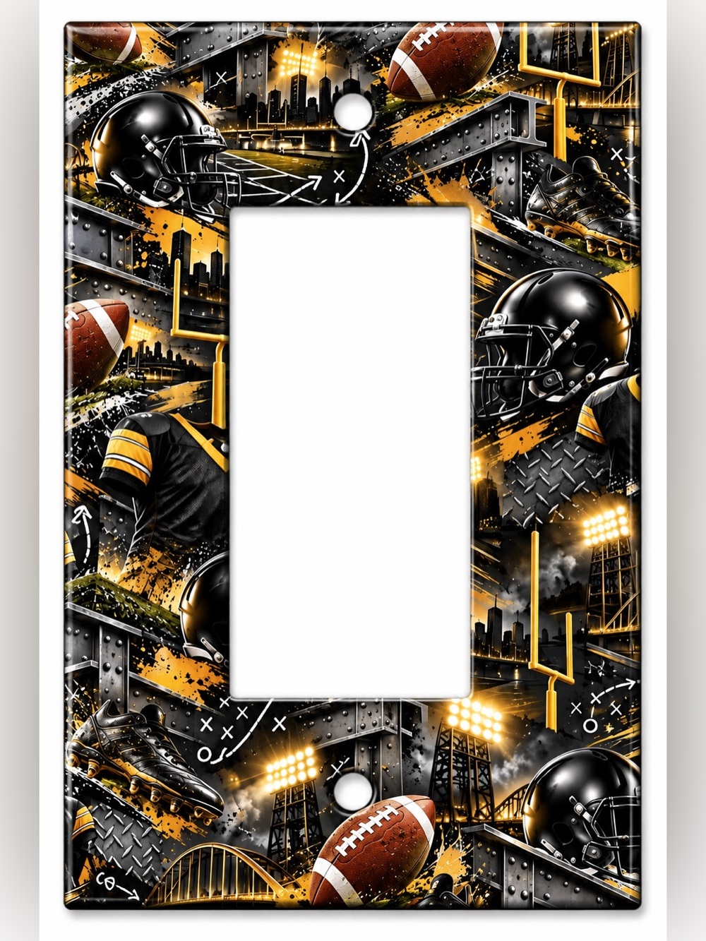 Black Gold Football Rocker GFCI Wall Plate Boys Kids Room Steel City Sports